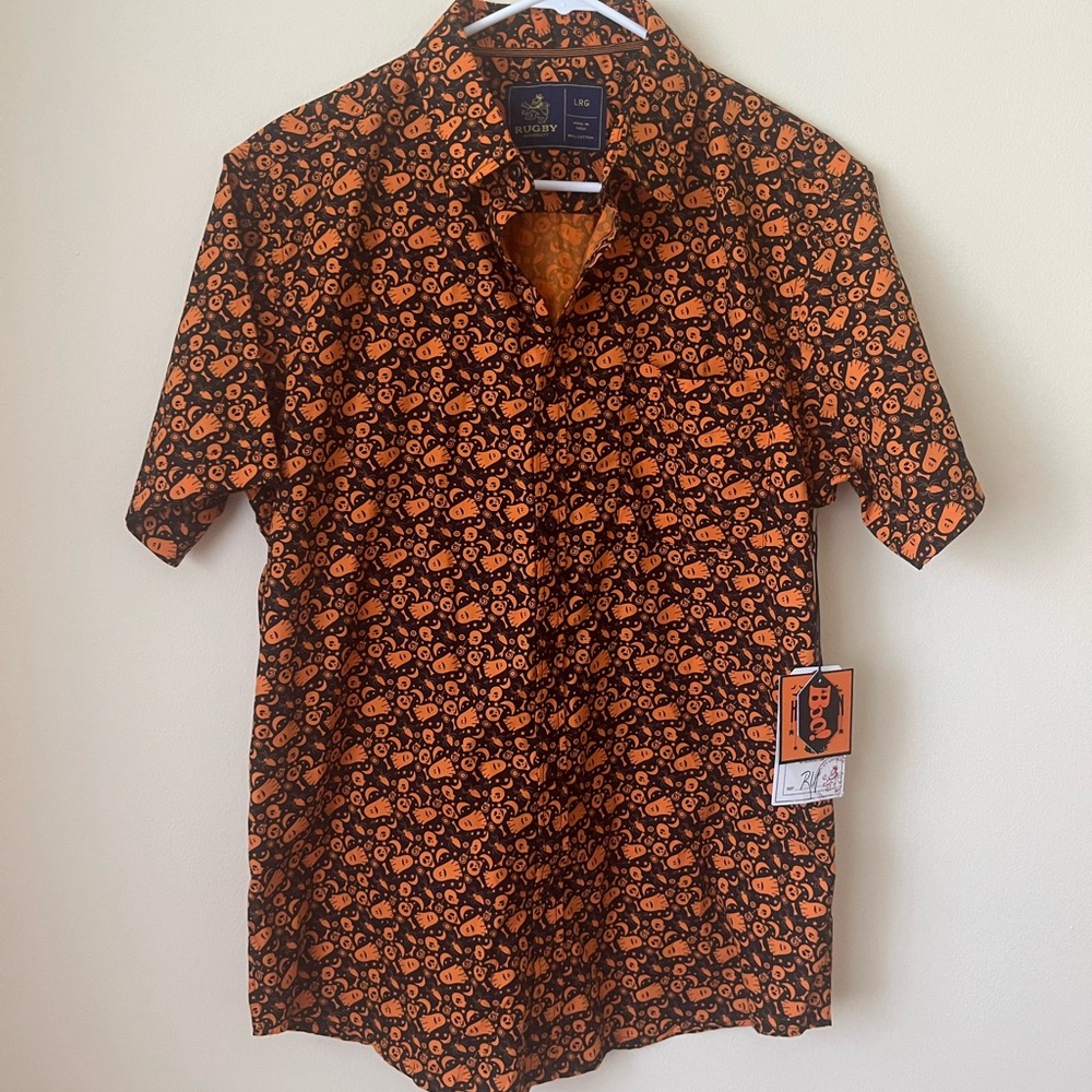 Halloween Print Button Down Shirt Short Sleeve Size Large by Rugby University